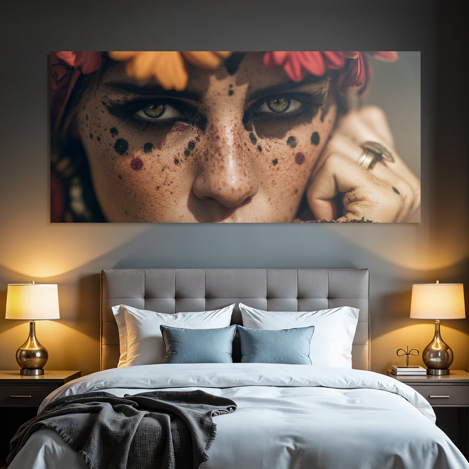 Nahaufnahme Portrait Mit Augen Makeup Freckles Florale Elemente