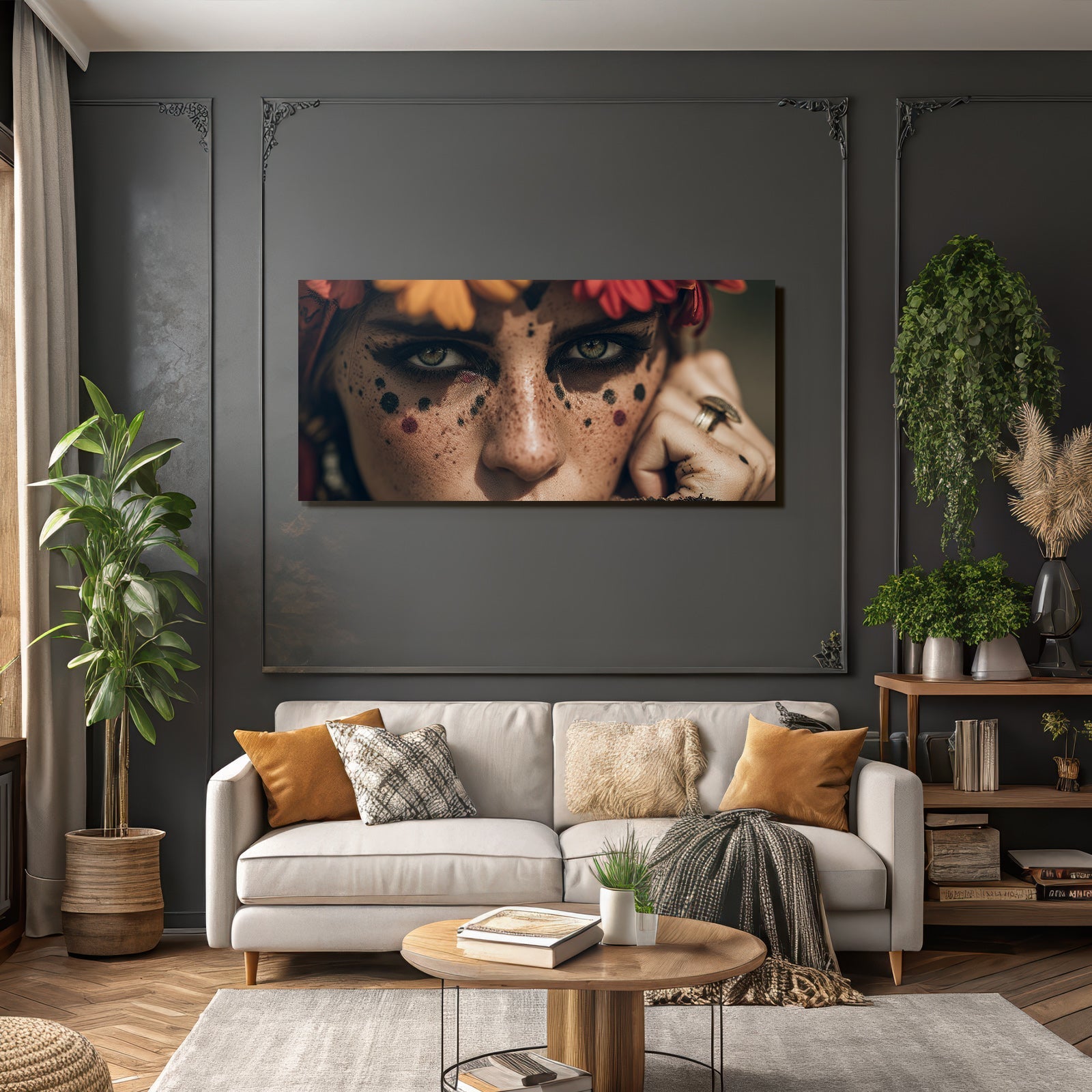 Nahaufnahme Portrait Mit Augen Makeup Freckles Florale Elemente