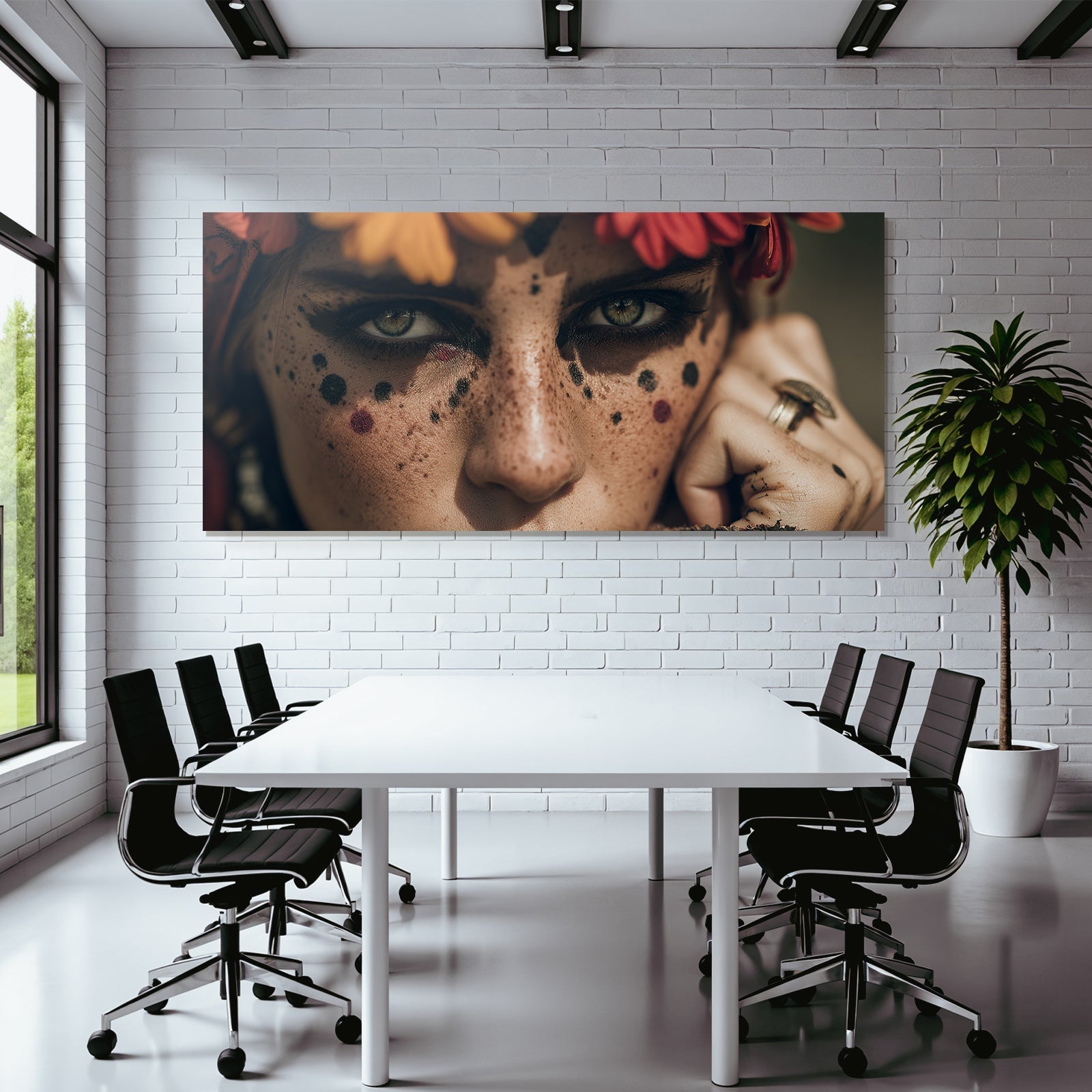 Nahaufnahme Portrait Mit Augen Makeup Freckles Florale Elemente