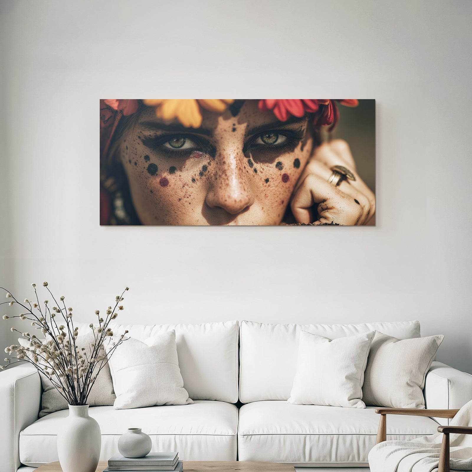 Nahaufnahme Portrait Mit Augen Makeup Freckles Florale Elemente