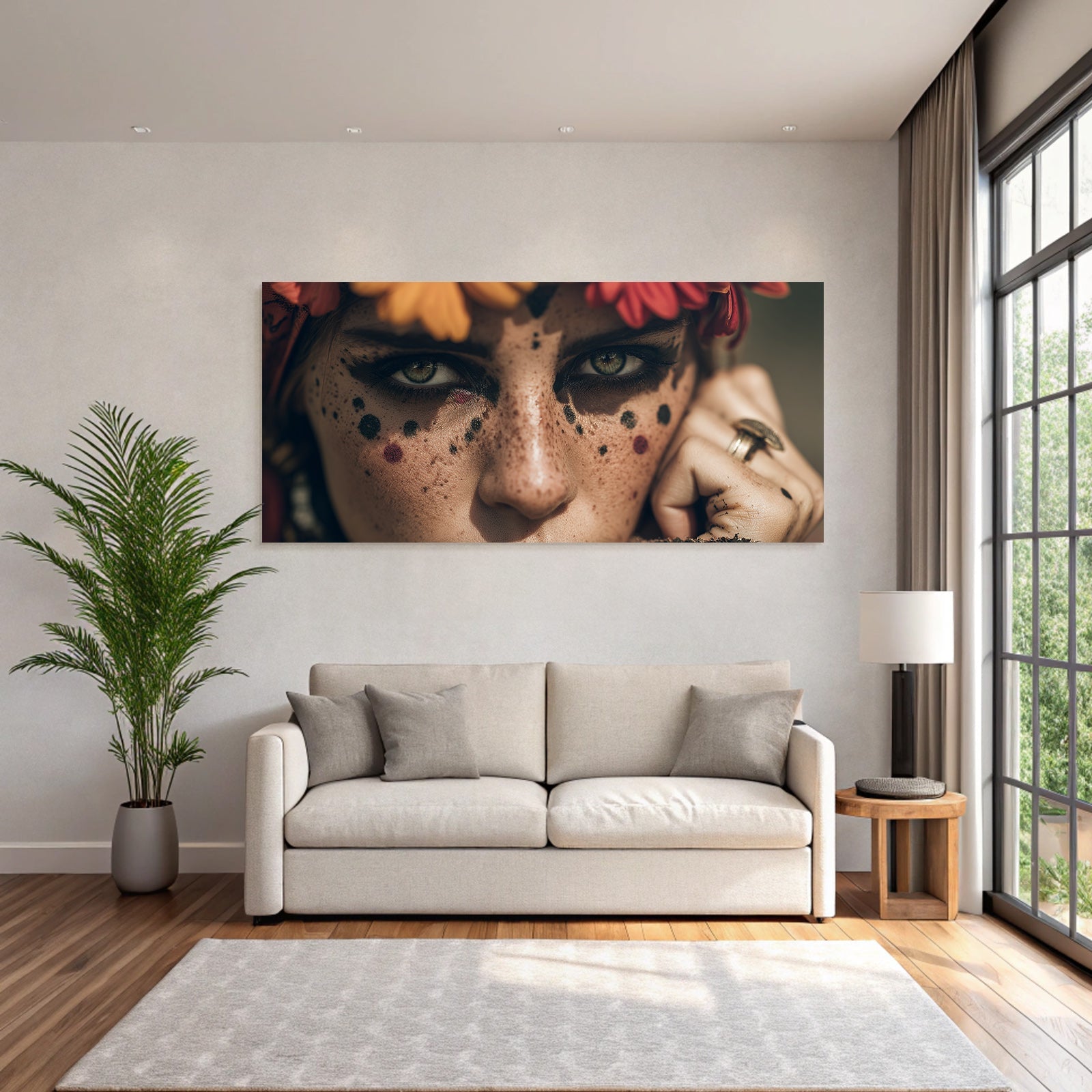 Nahaufnahme Portrait Mit Augen Makeup Freckles Florale Elemente