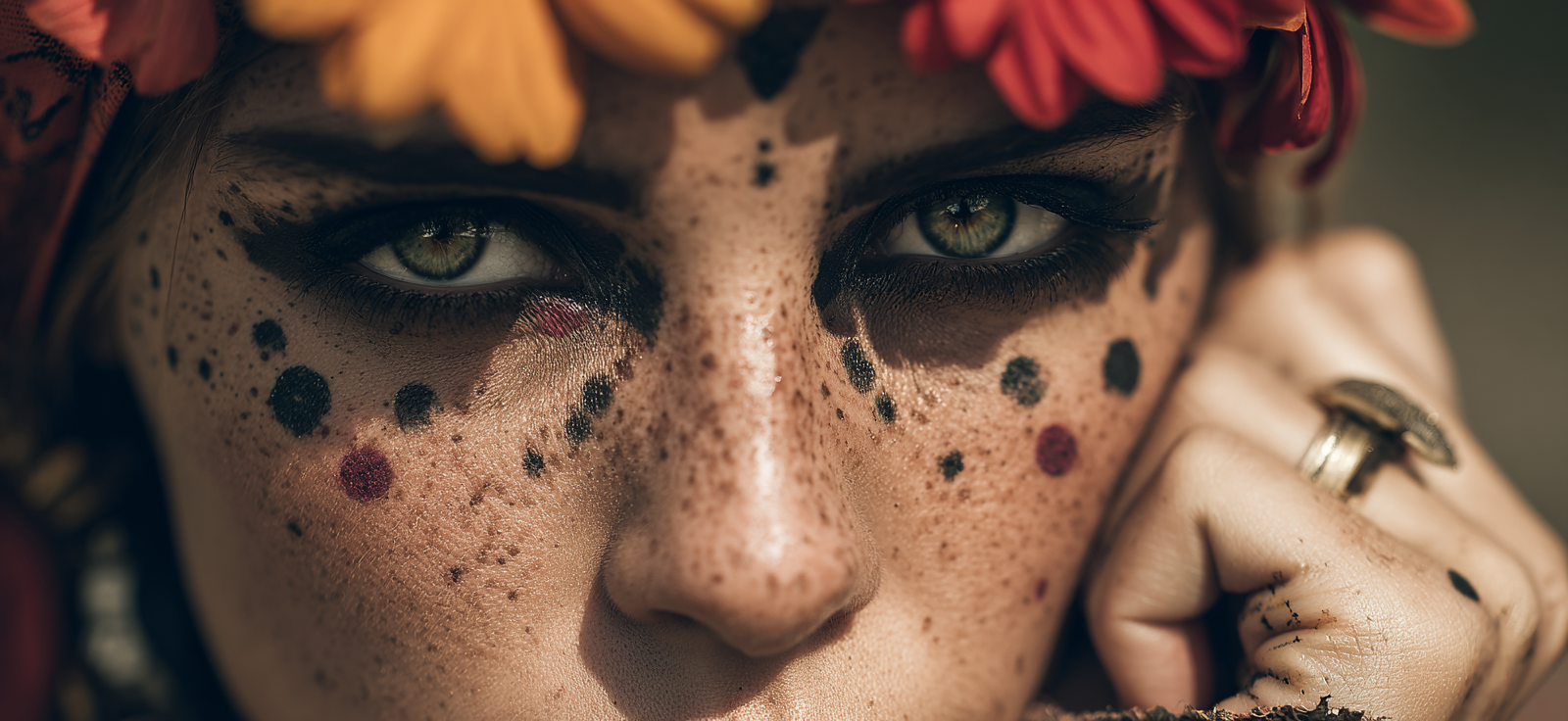 Nahaufnahme Portrait Mit Augen Makeup Freckles Florale Elemente | Tattoo Aesthetik | Menschen und Emotionen