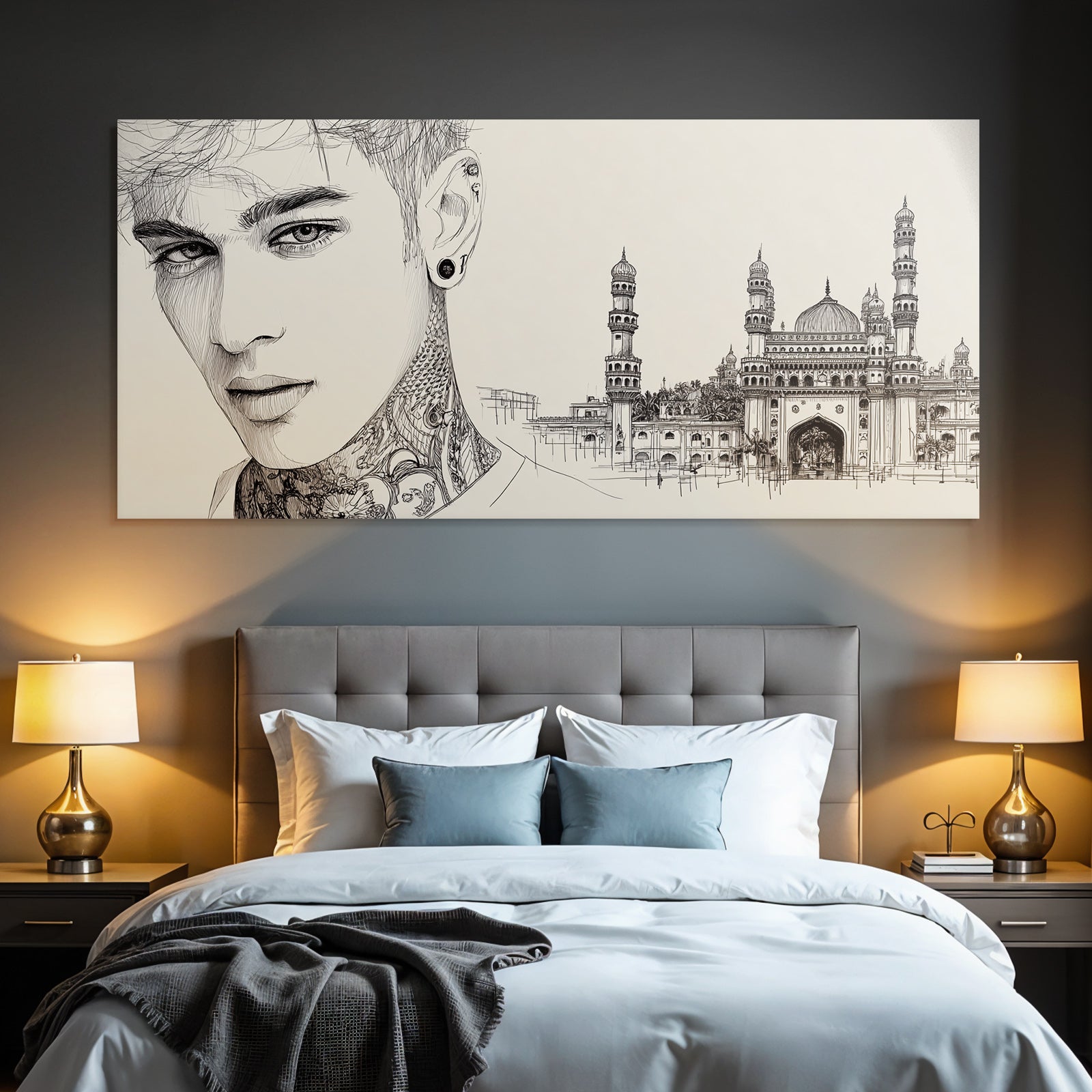Nahaufnahme Portrait Tattoos Und Architektonische Zeichnung