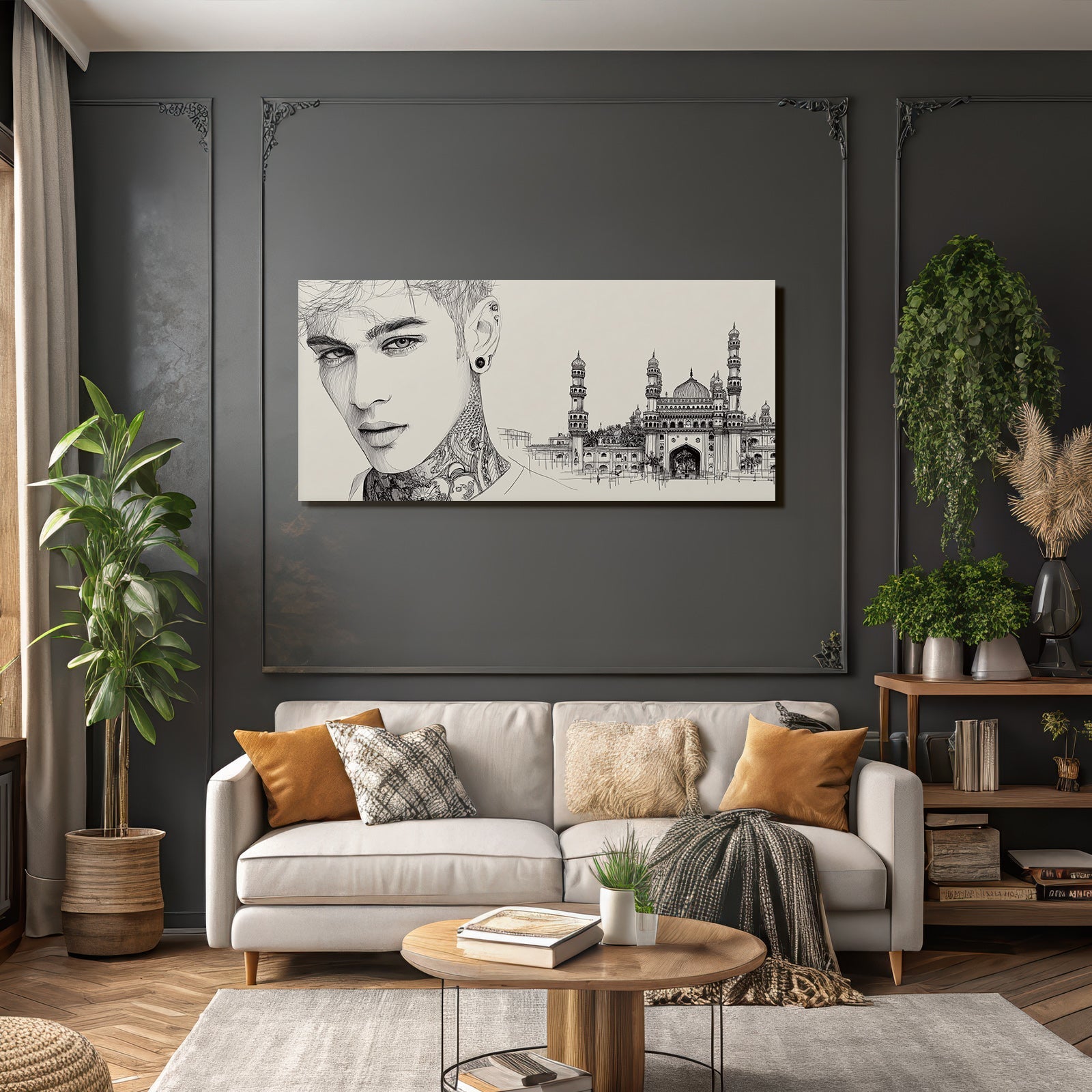 Nahaufnahme Portrait Tattoos Und Architektonische Zeichnung