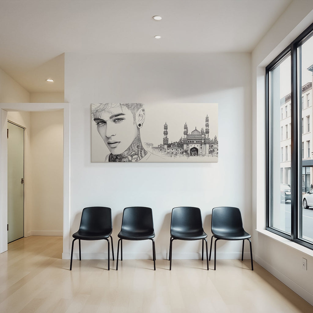 Nahaufnahme Portrait Tattoos Und Architektonische Zeichnung