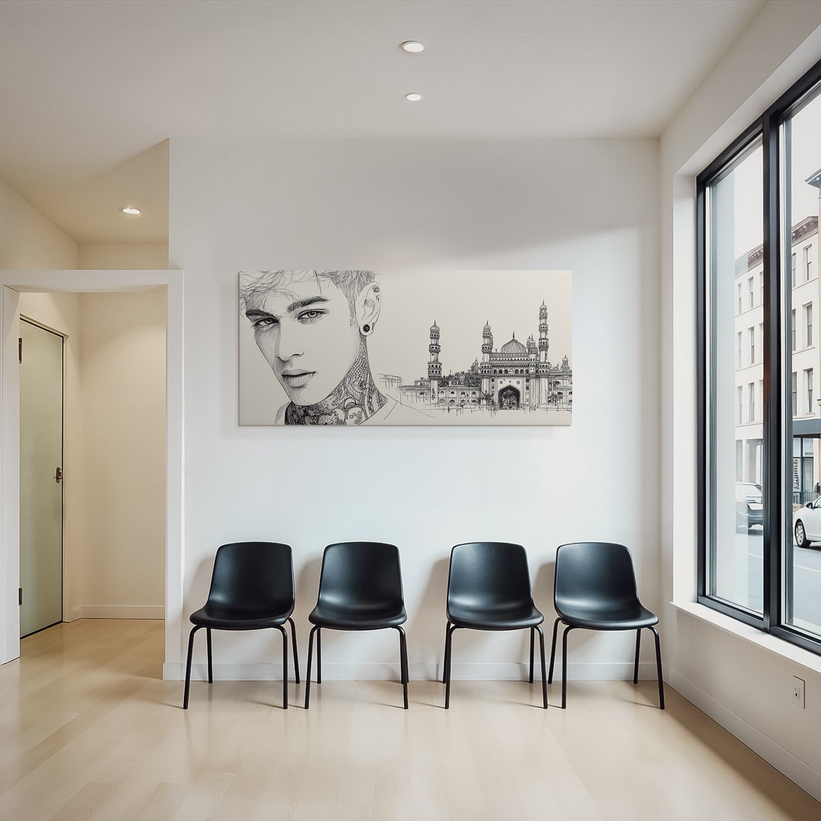Nahaufnahme Portrait Tattoos Und Architektonische Zeichnung