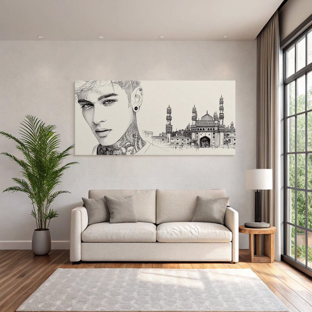 Nahaufnahme Portrait Tattoos Und Architektonische Zeichnung