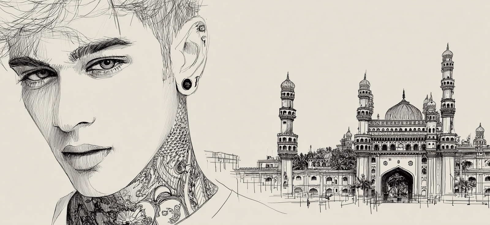 Nahaufnahme Portrait Tattoos Und Architektonische Zeichnung | Tattoo Aesthetik | Menschen und Emotionen