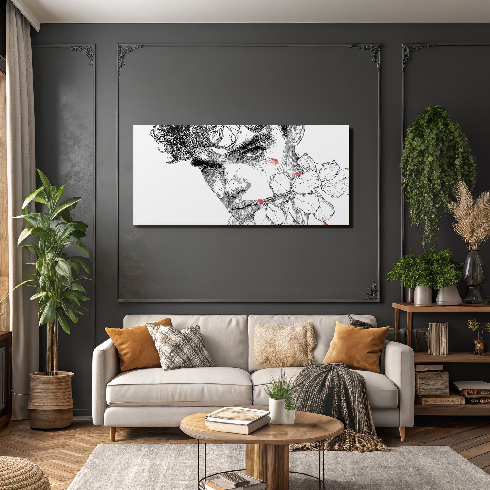Person Mit Distinctive Merkmale Umgeben Von Blumen Kunstillustration