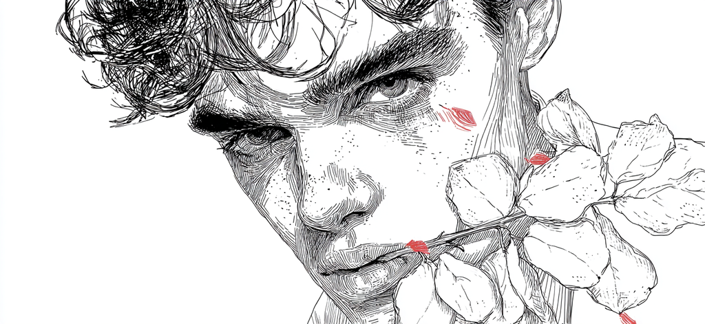 Person Mit Distinctive Merkmale Umgeben Von Blumen Kunstillustration | Tattoo Aesthetik | Menschen und Emotionen