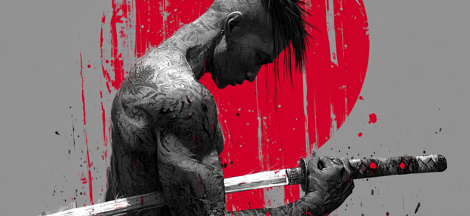 Stilisierte Darstellung Einer Person Mit Katana Und Tattoos Japanische Kultur | Tattoo Aesthetik | Menschen und Emotionen