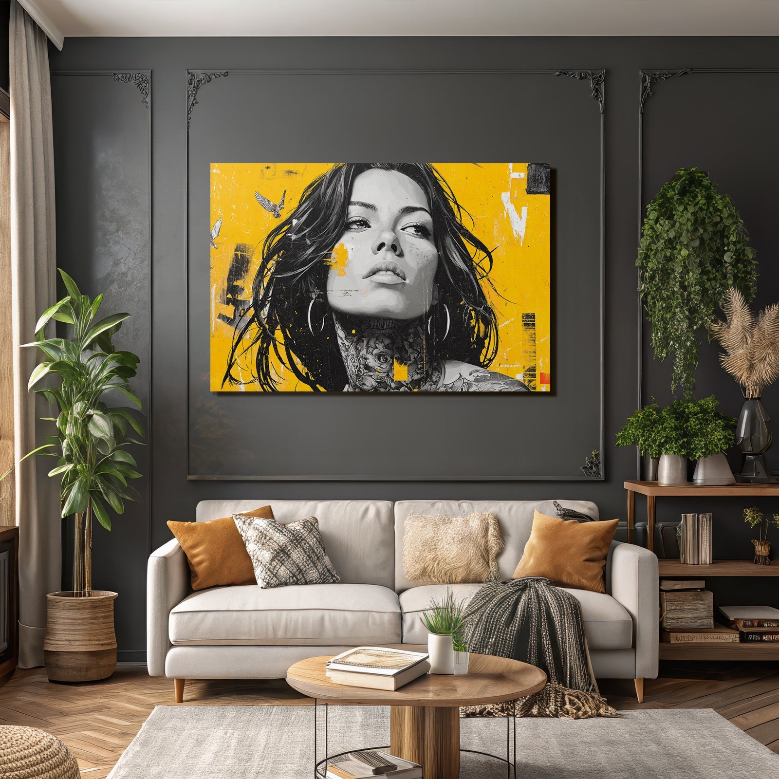 Stylisierte Porträt Einer Frau Auf Vibrant Gelbem Hintergrund