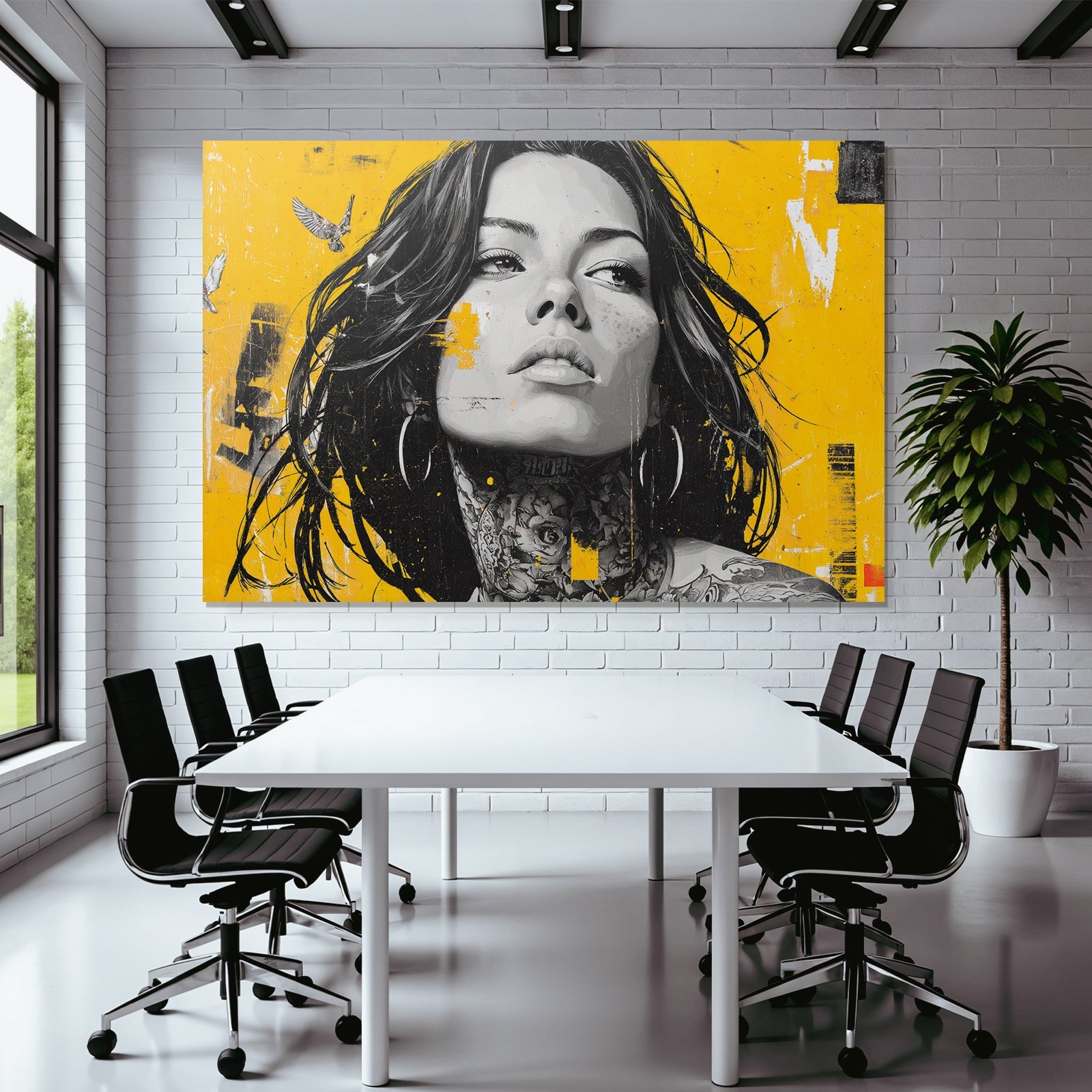 Stylisierte Porträt Einer Frau Auf Vibrant Gelbem Hintergrund