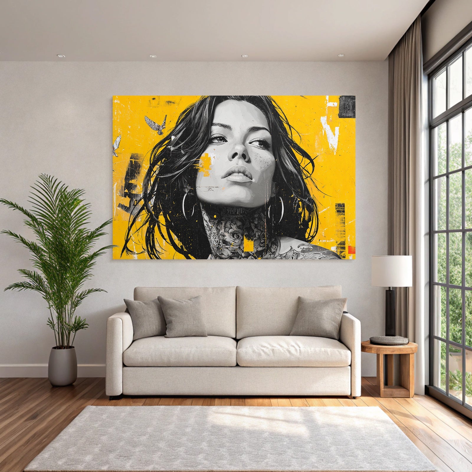 Stylisierte Porträt Einer Frau Auf Vibrant Gelbem Hintergrund