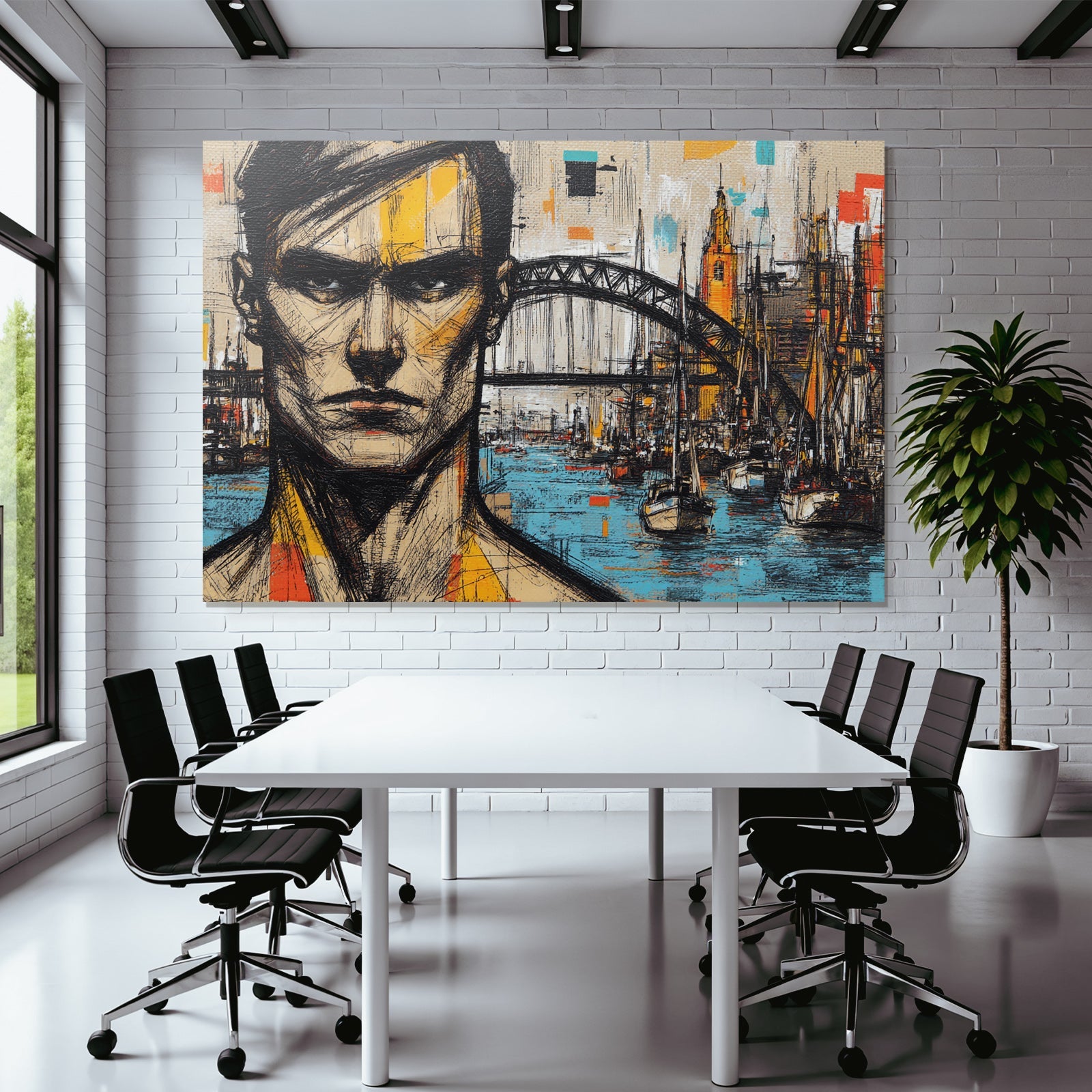 Stylisierte Porträt Eines Mannes Mit Stadtlandschaft Und Brücke