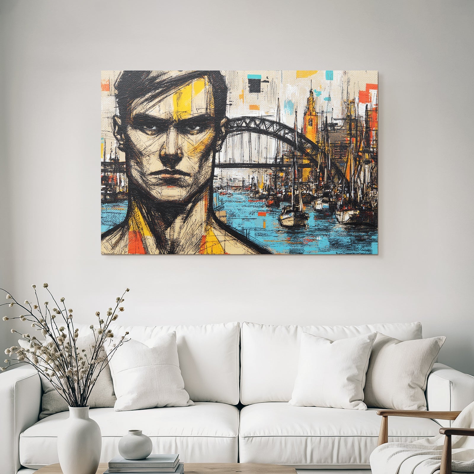 Stylisierte Porträt Eines Mannes Mit Stadtlandschaft Und Brücke