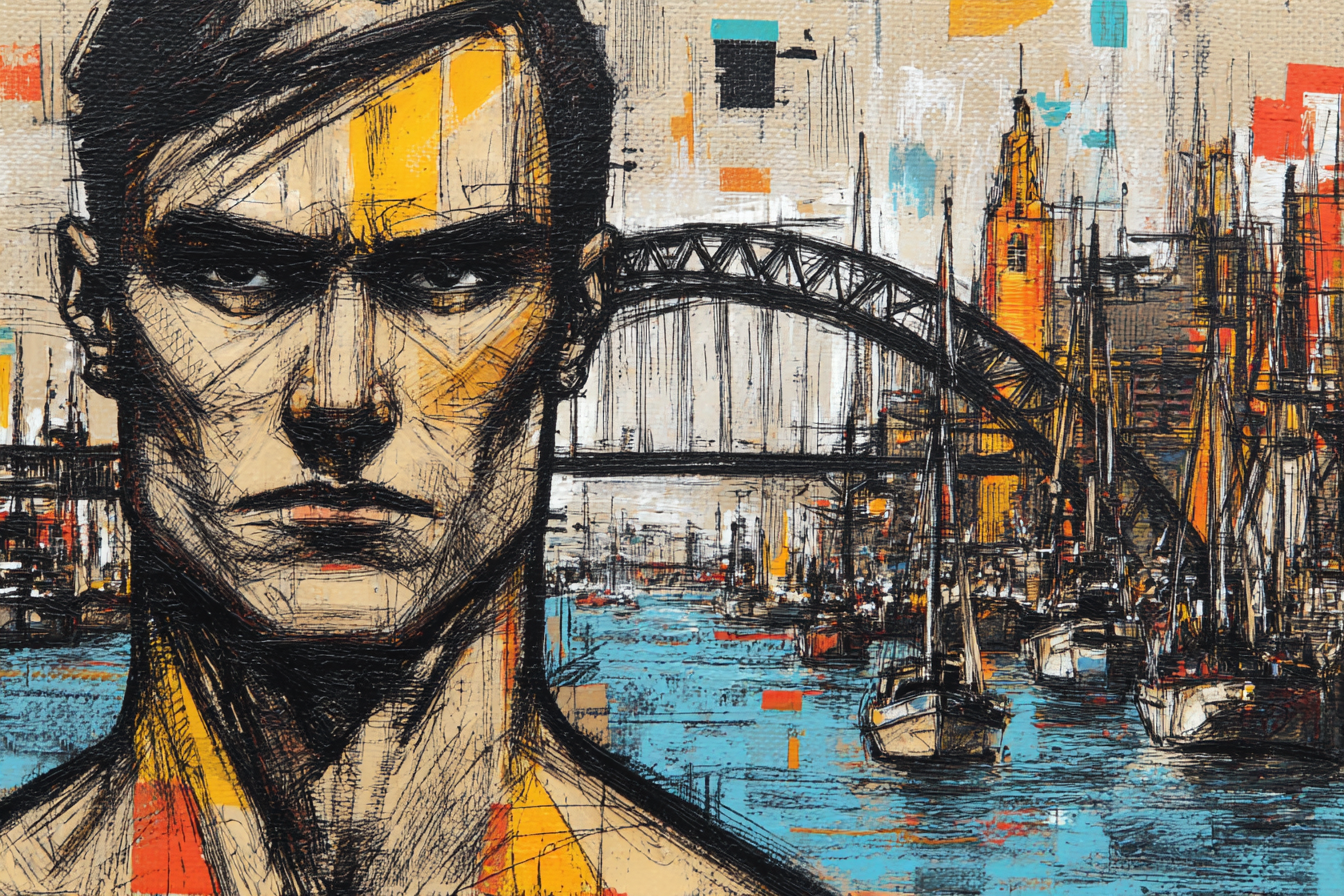 Stylisierte Porträt Eines Mannes Mit Stadtlandschaft Und Brücke | Tattoo Aesthetik | Menschen und Emotionen