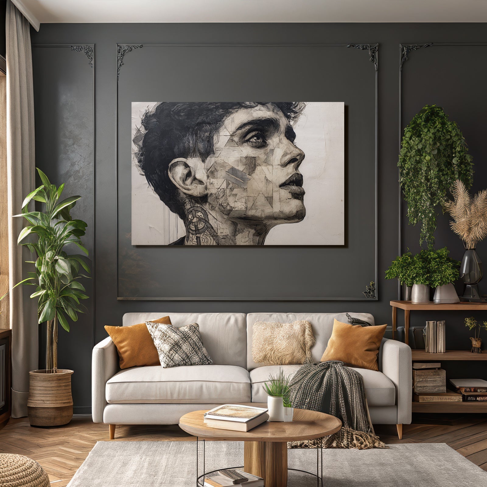 Stylisierte Portrait Mit Geometrischen Mustern Und Intrikater Linienarbeit