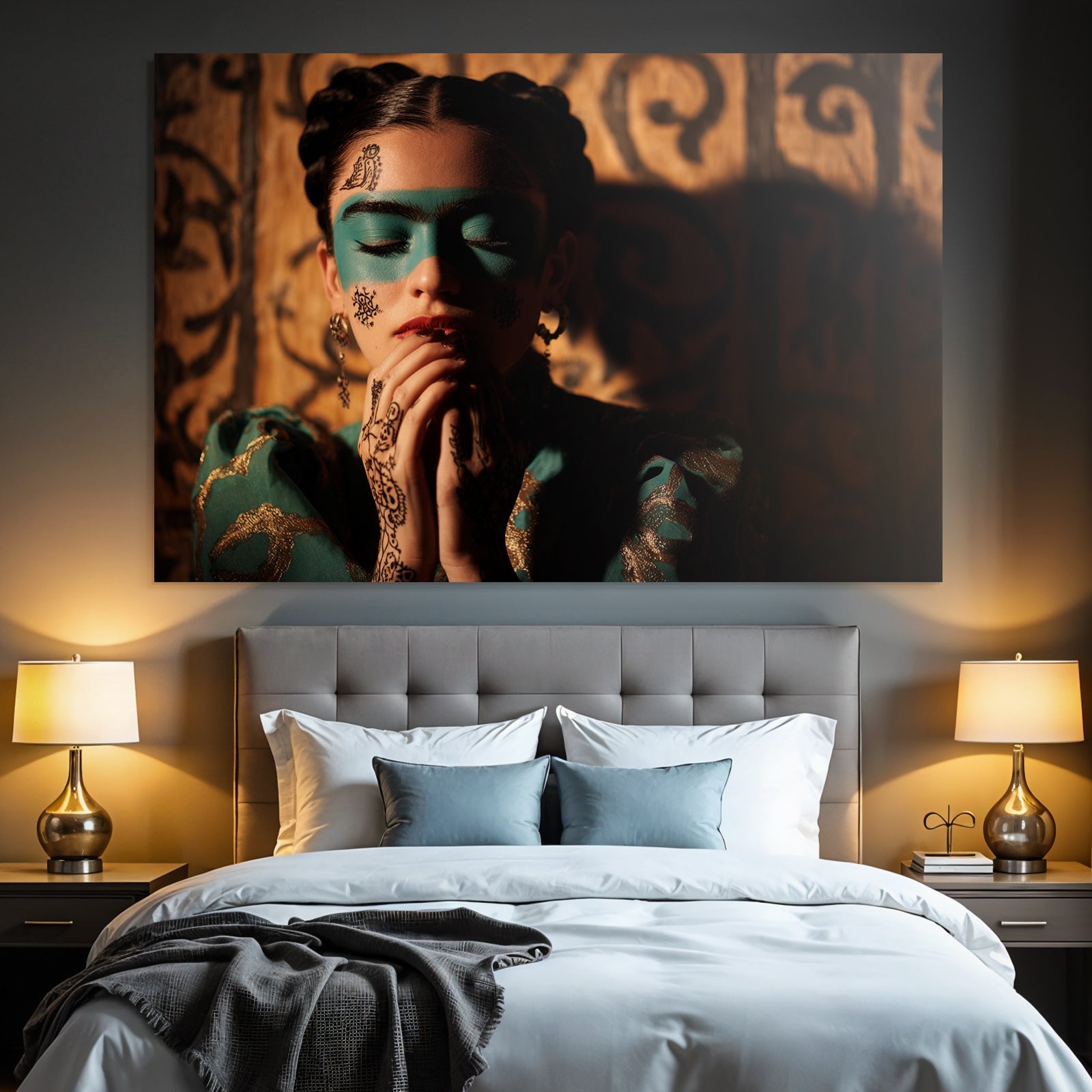 Teal Gesichtsmalerei Henna Designs Kunstvolles Gewand Introspektiv