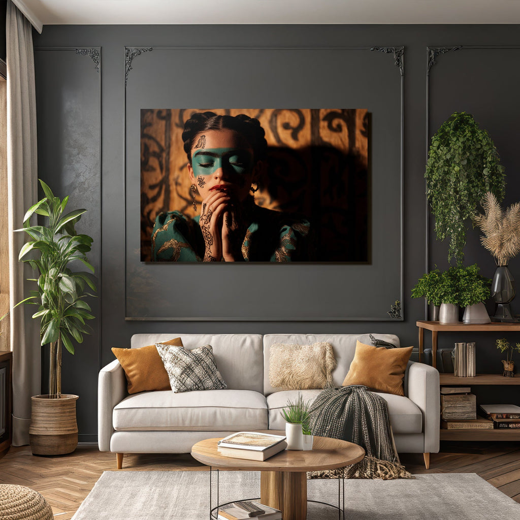 Teal Gesichtsmalerei Henna Designs Kunstvolles Gewand Introspektiv