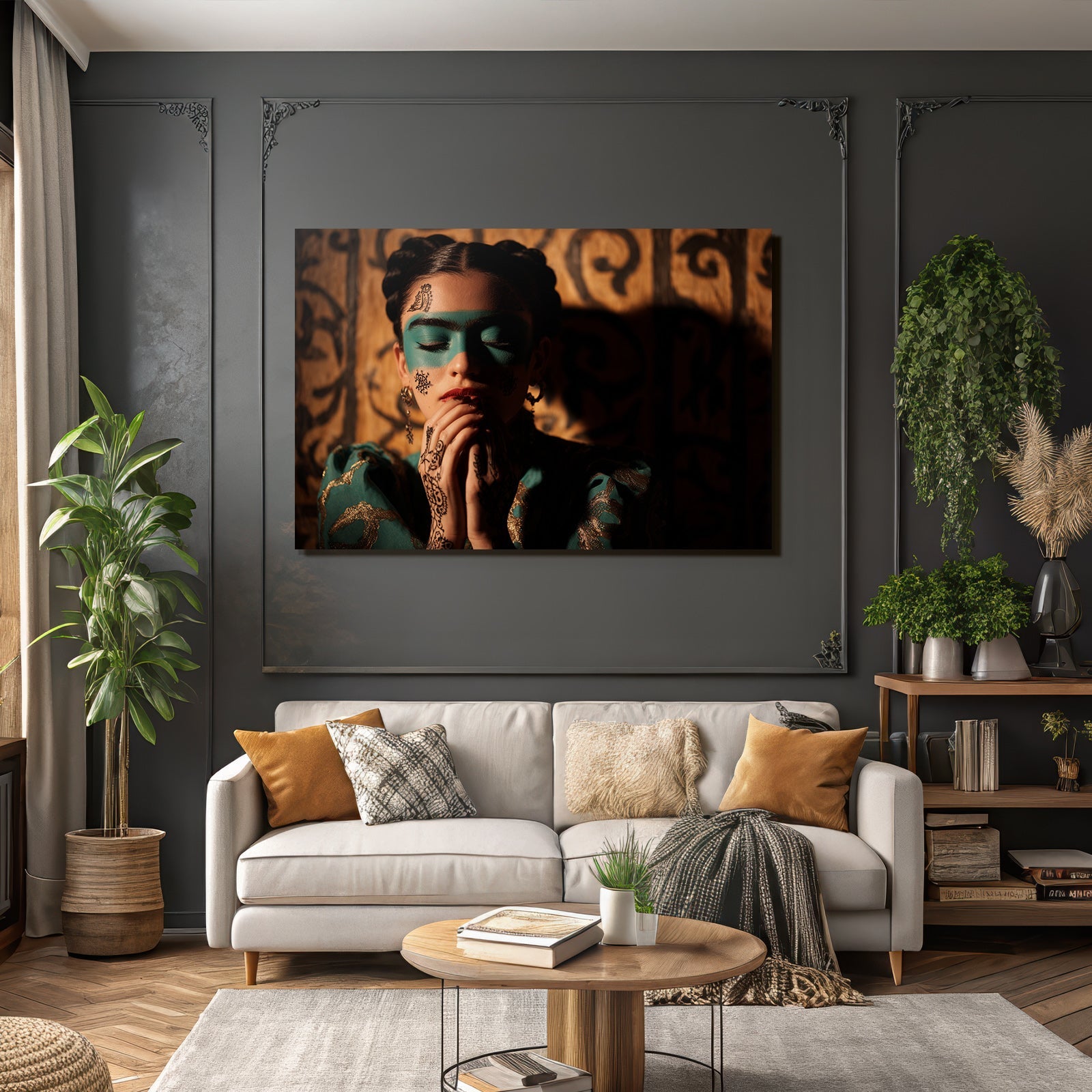 Teal Gesichtsmalerei Henna Designs Kunstvolles Gewand Introspektiv