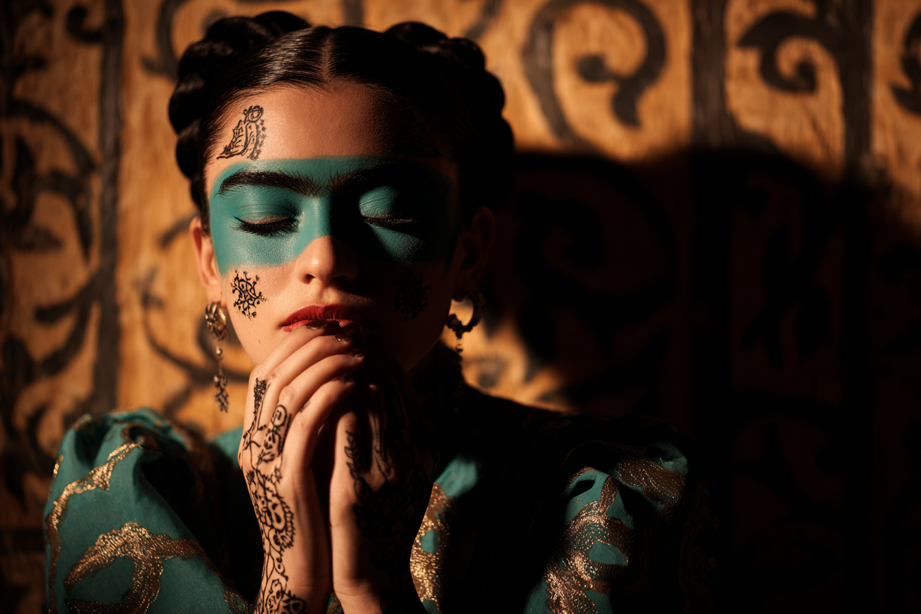 Teal Gesichtsmalerei Henna Designs Kunstvolles Gewand Introspektiv | Tattoo Aesthetik | Menschen und Emotionen