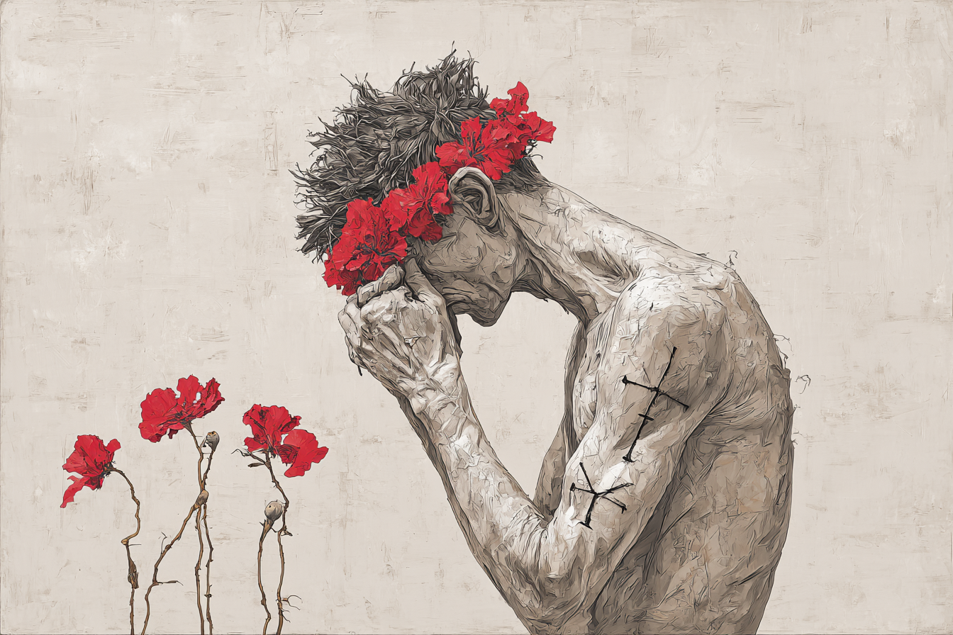 Traurige Figura Mit Blumenkrone Kontemplation | Tattoo Aesthetik | Menschen und Emotionen