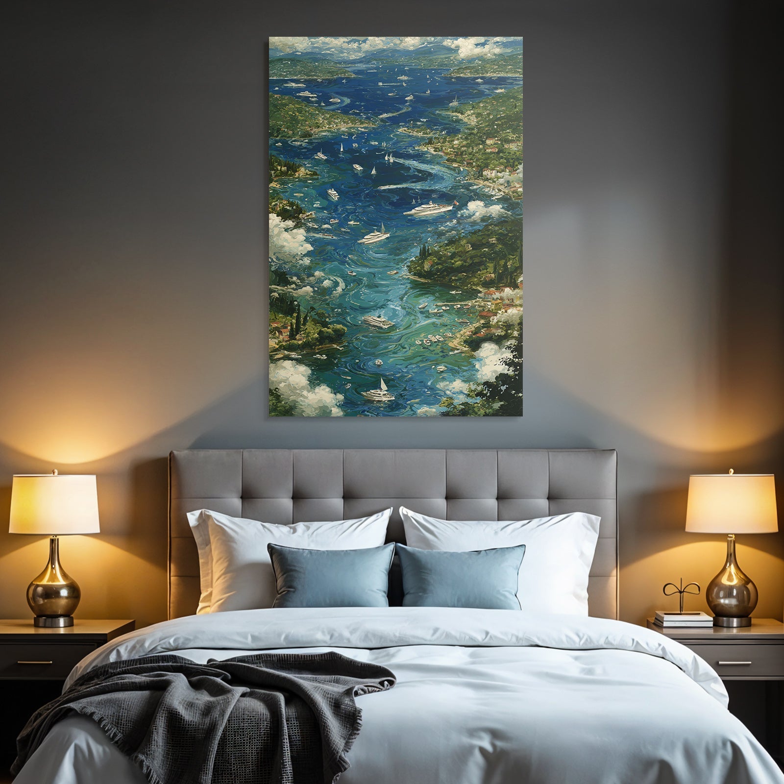 Küstenansicht Mit Booten Und Yachten Impressionistische Malerei