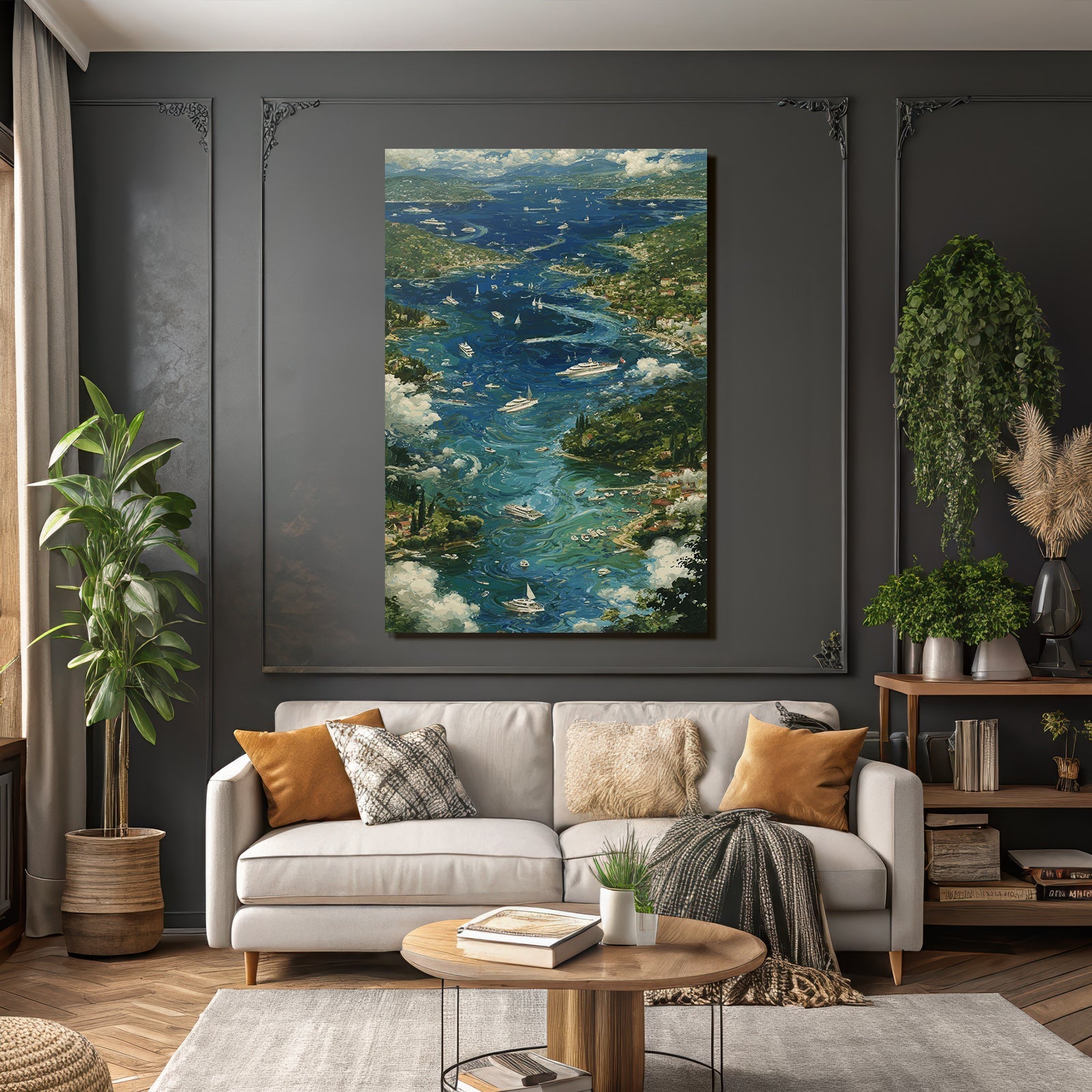Küstenansicht Mit Booten Und Yachten Impressionistische Malerei
