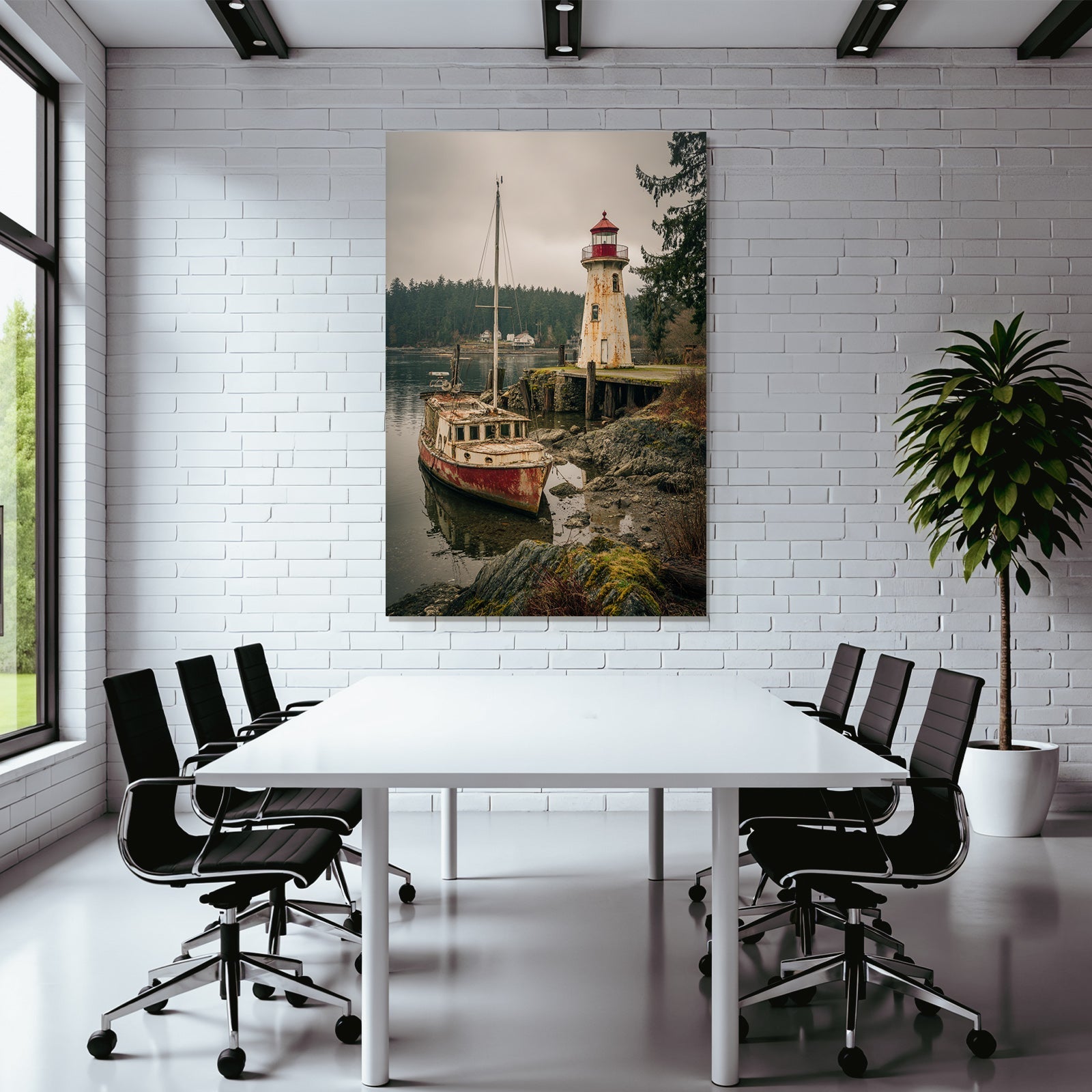 Alte Rustige Boot Und Leuchtturm An Der Küste Mit Wolken Im Himmel