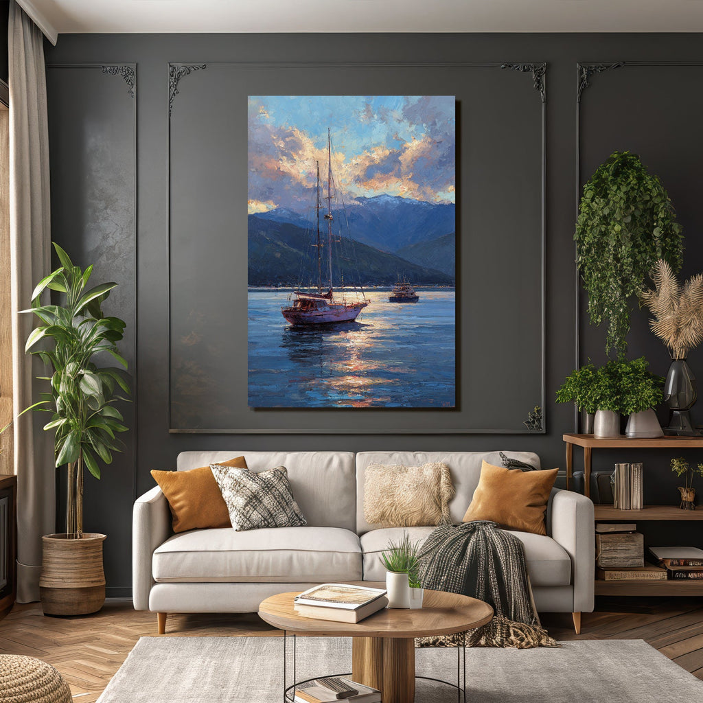 Friedliche Seelandschaft Mit Segelyachten Und Bergen Im Hintergrund