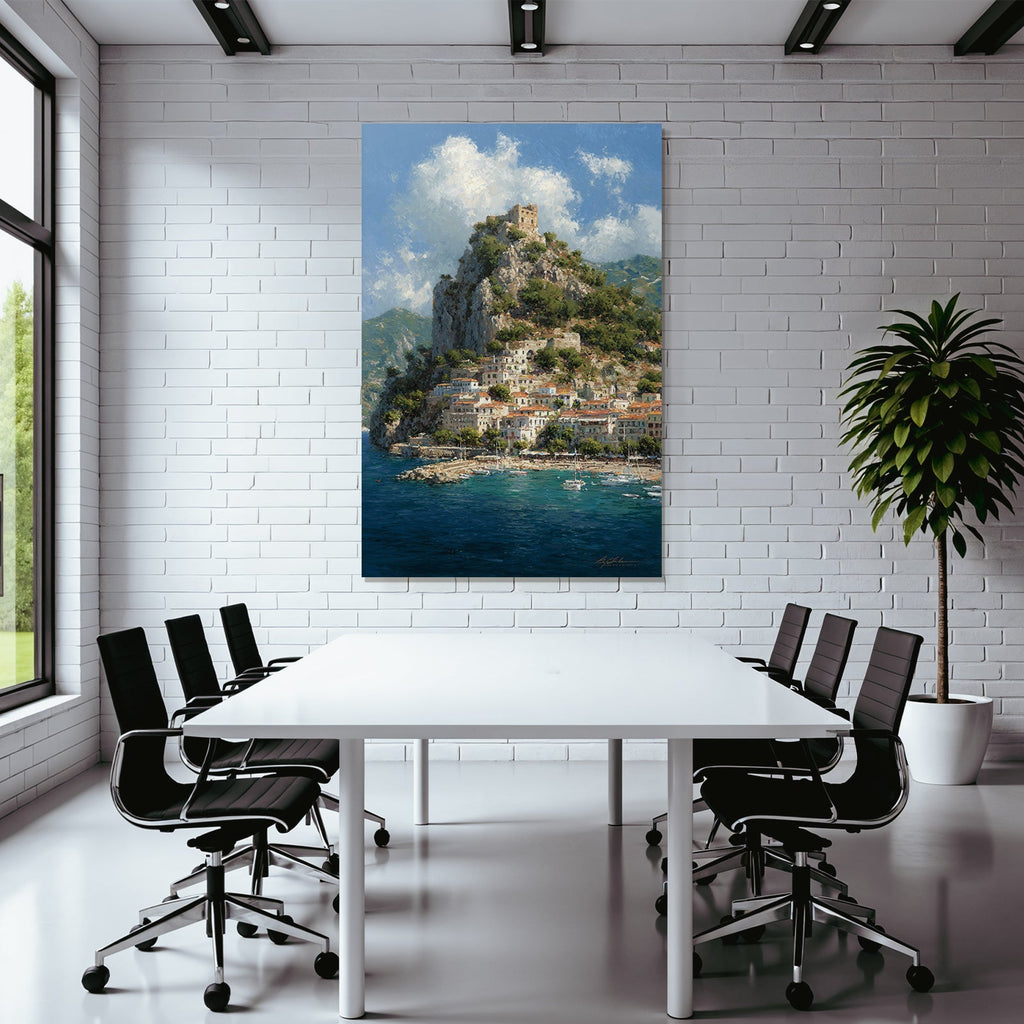 Küstendorf Mit Burg Über Dem Meer Malerischer Stil