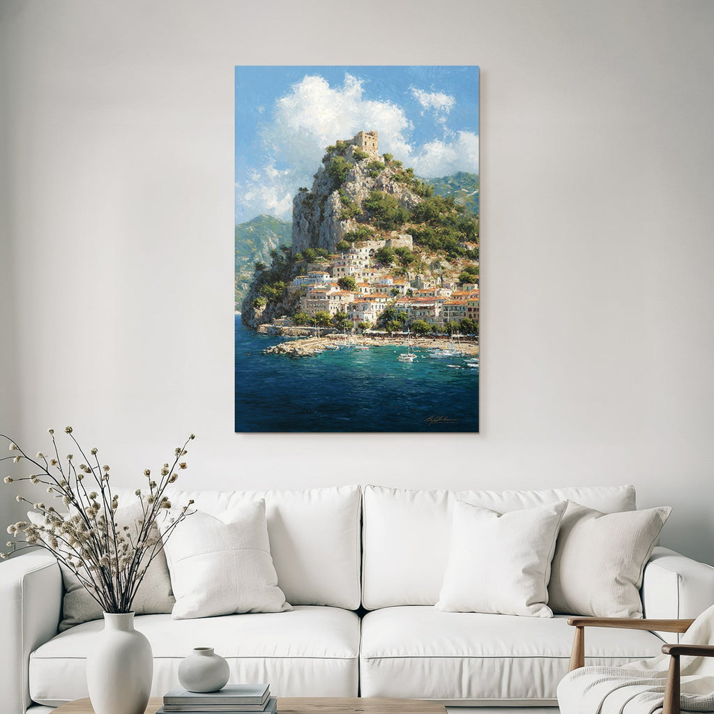 Küstendorf Mit Burg Über Dem Meer Malerischer Stil