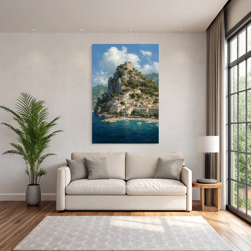 Küstendorf Mit Burg Über Dem Meer Malerischer Stil