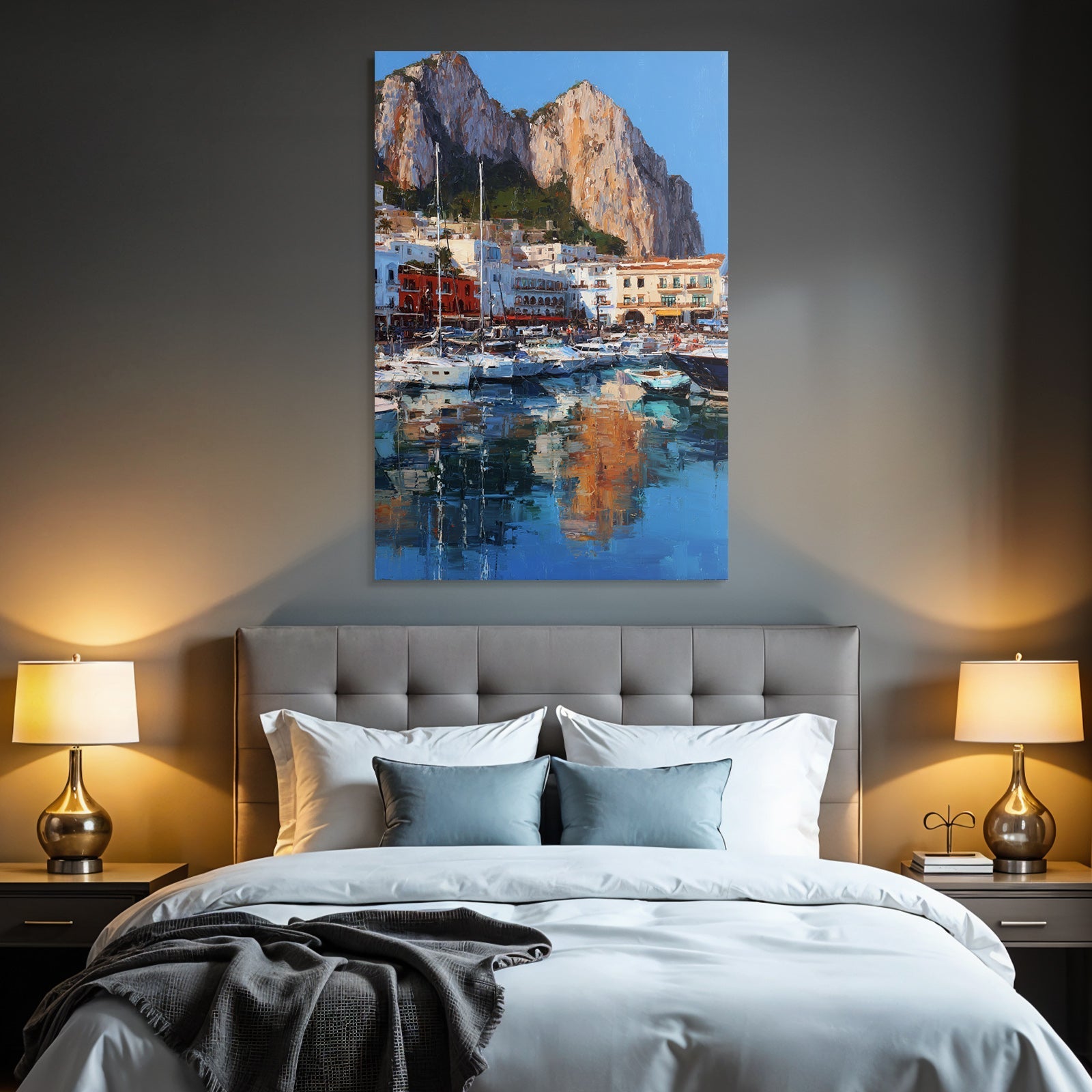 Lebendiger Hafen Mit Booten Und Klippen Impressionistische Malerei