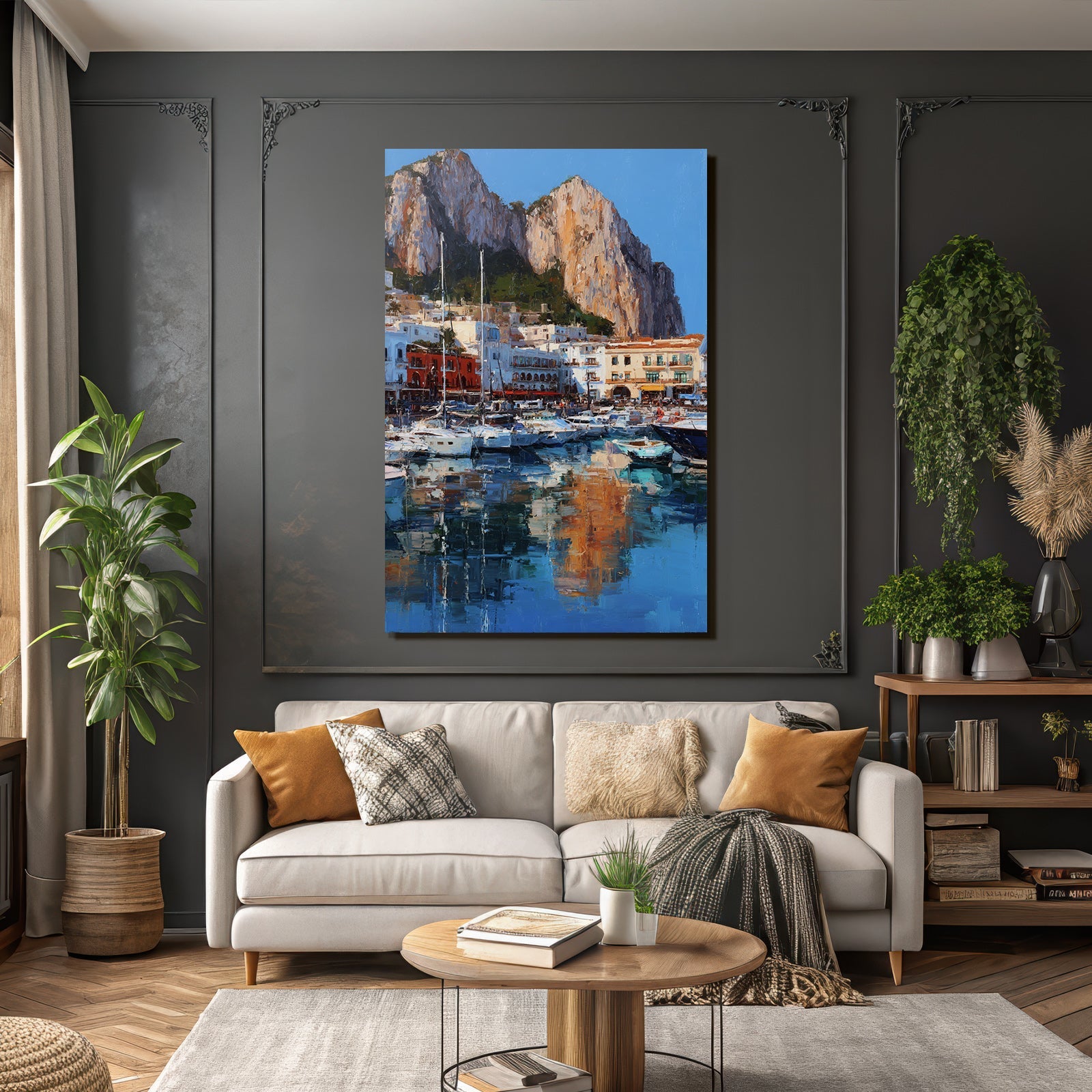 Lebendiger Hafen Mit Booten Und Klippen Impressionistische Malerei