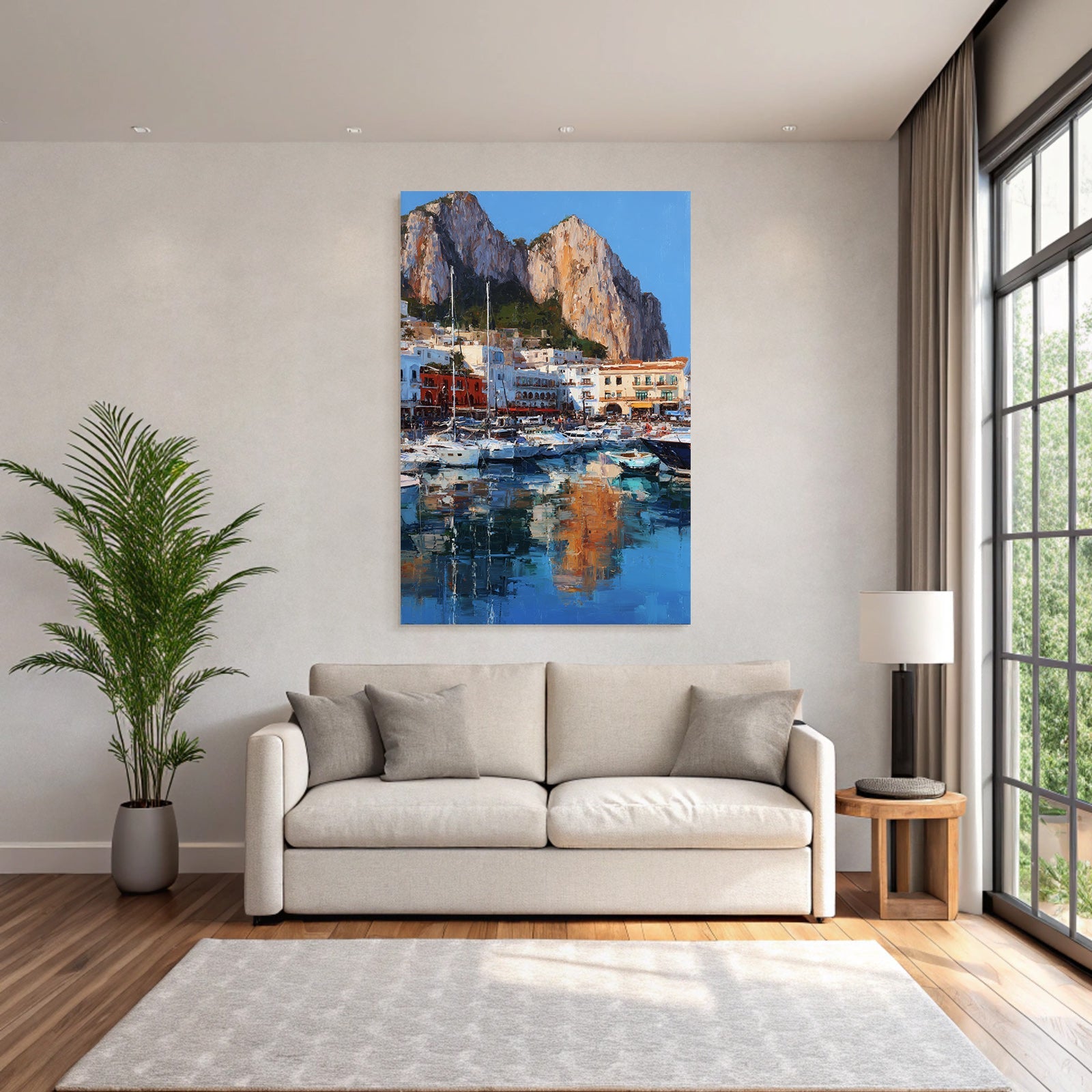 Lebendiger Hafen Mit Booten Und Klippen Impressionistische Malerei