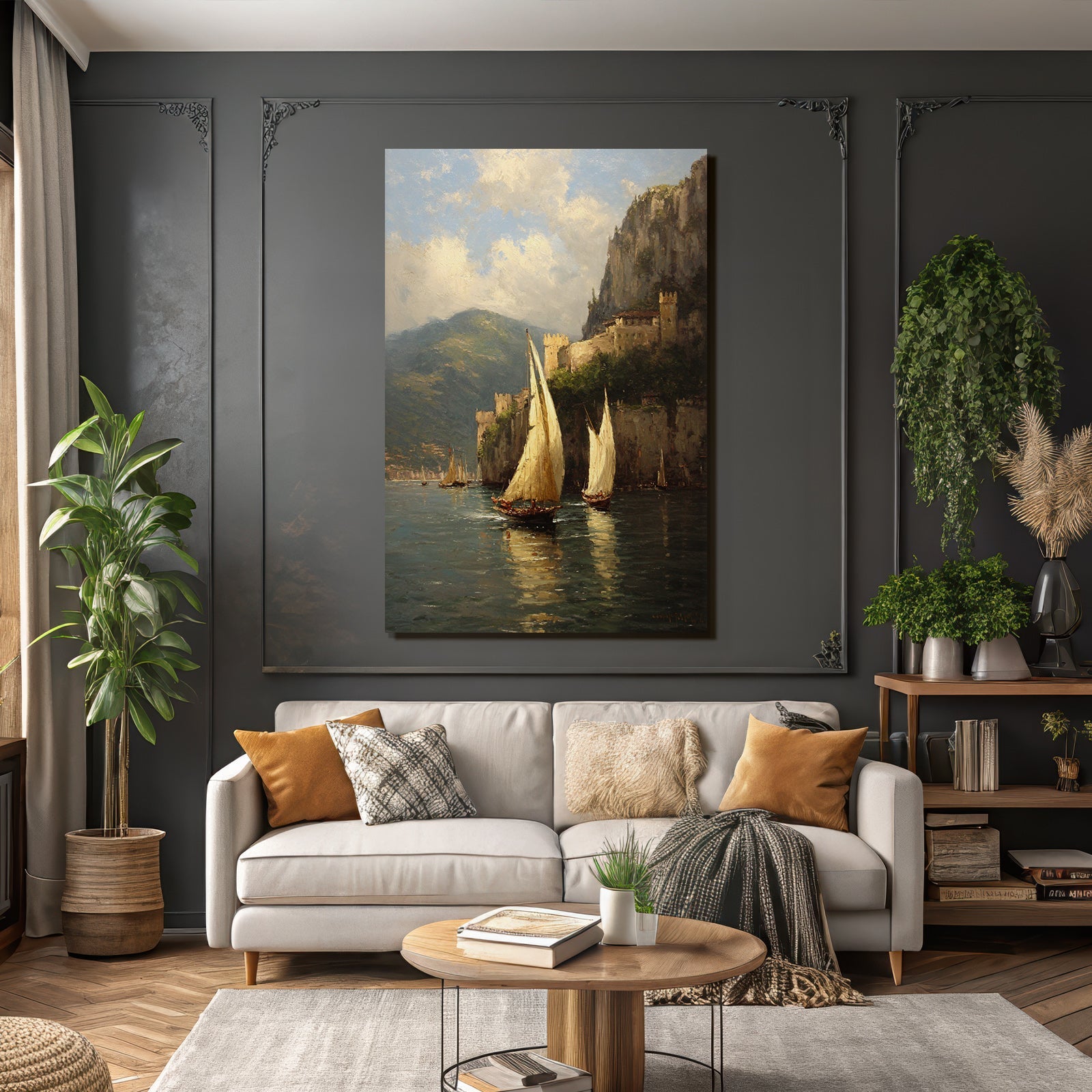 Malerei Der Boote Und Burg Im Hintergrund