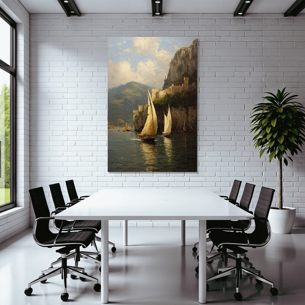 Malerei Der Boote Und Burg Im Hintergrund