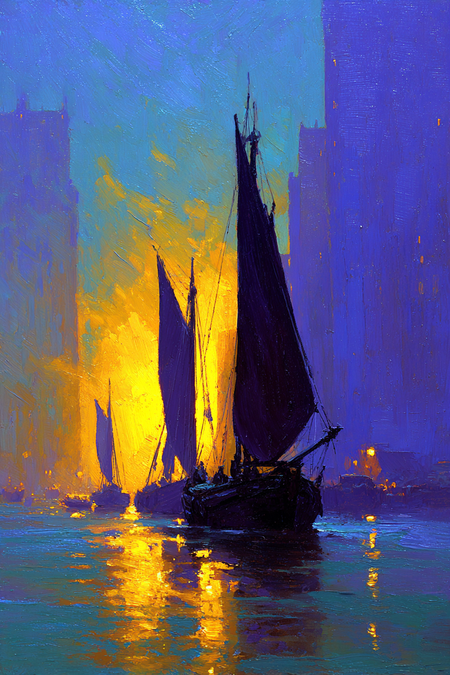 Vibrant Sailboats At Sunset Impressionistische Malerei | Boote und Schiffe | Mobilitaet und Technik