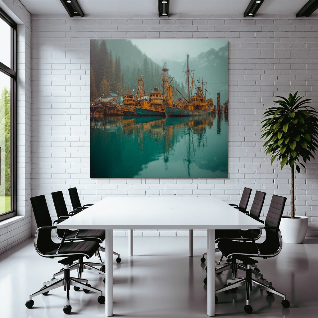 Alte Fischerboote Im Tranquilen Wasser Mit Reflexionen In Den Bergen