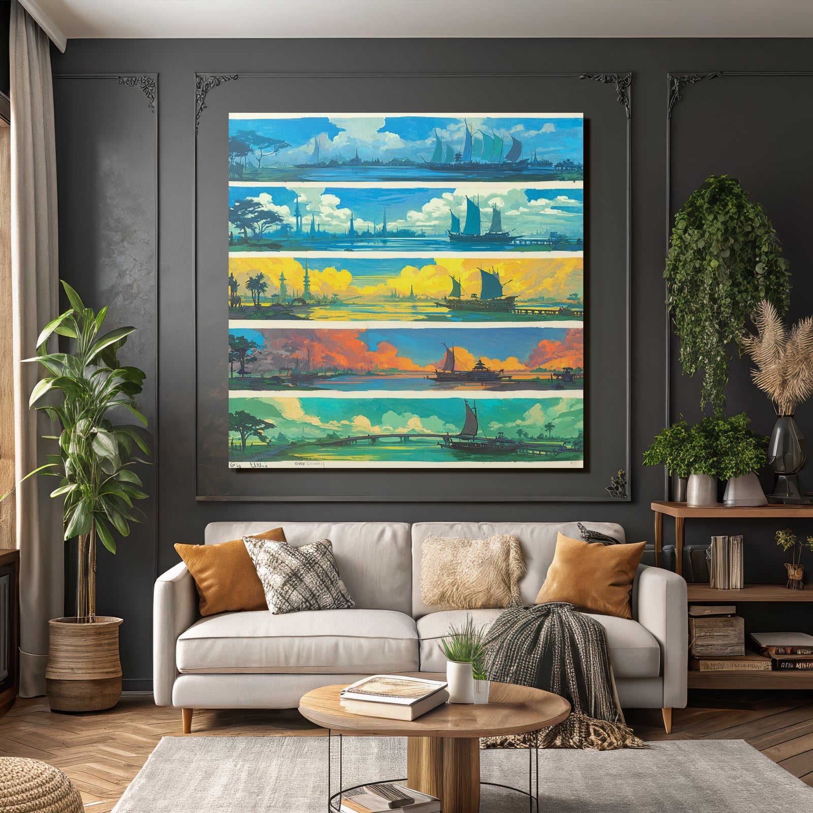 Bunte Seascapes Konzeptkunst Landlandschaften Boote Atmosphärische Bedingungen