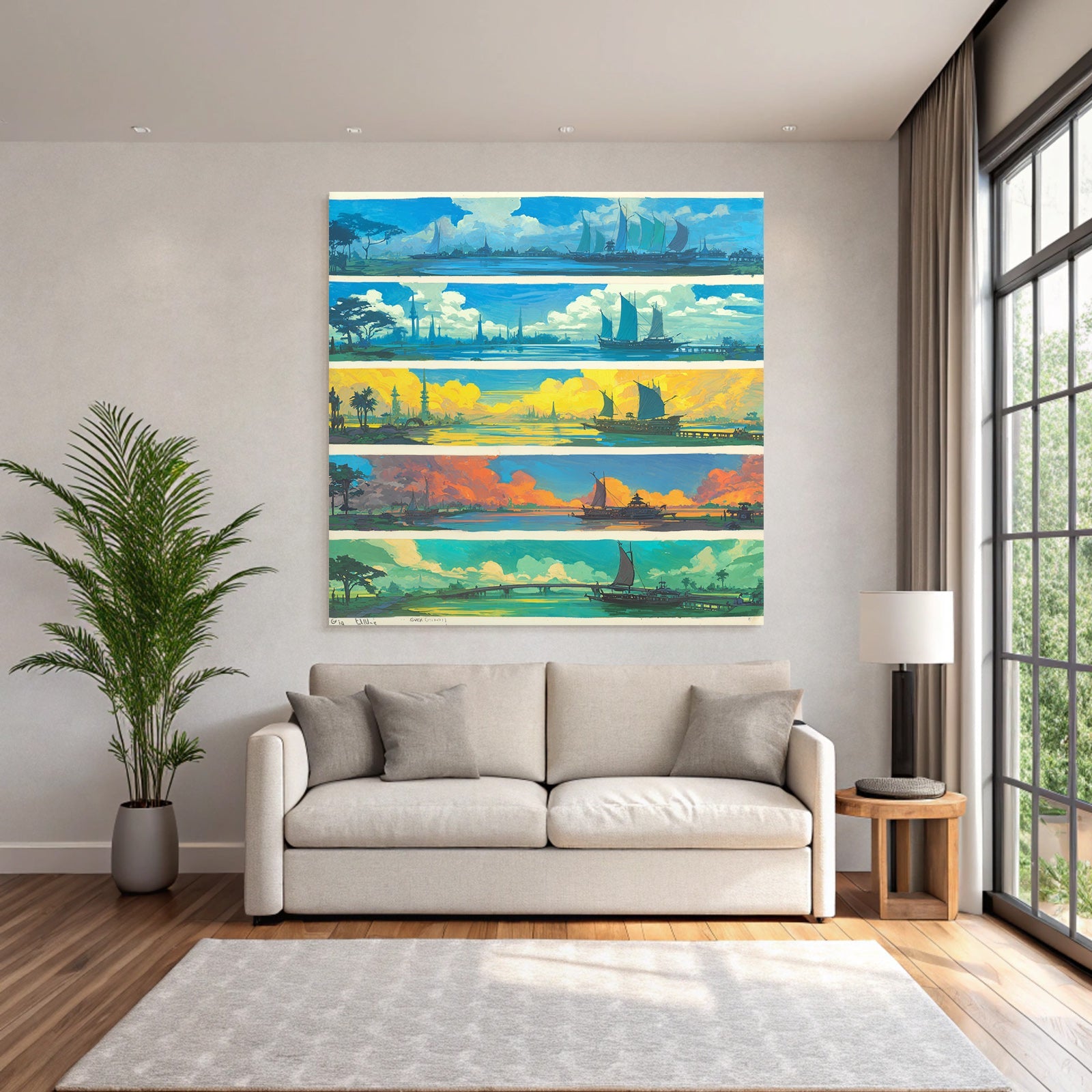 Bunte Seascapes Konzeptkunst Landlandschaften Boote Atmosphärische Bedingungen