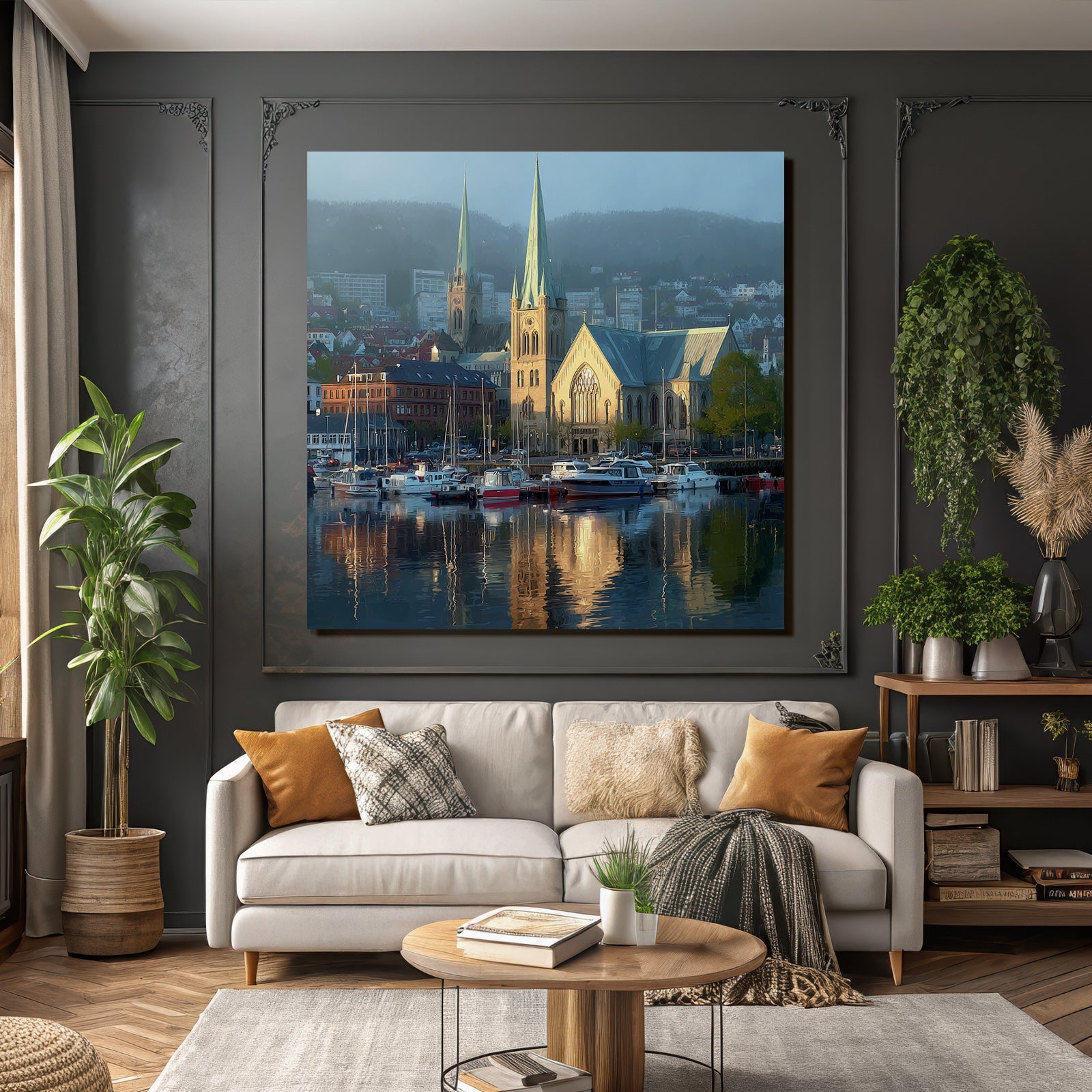 Friedlicher Wasserfront Haus Mit Spitzen Boote Reflexionen Berglandschaft