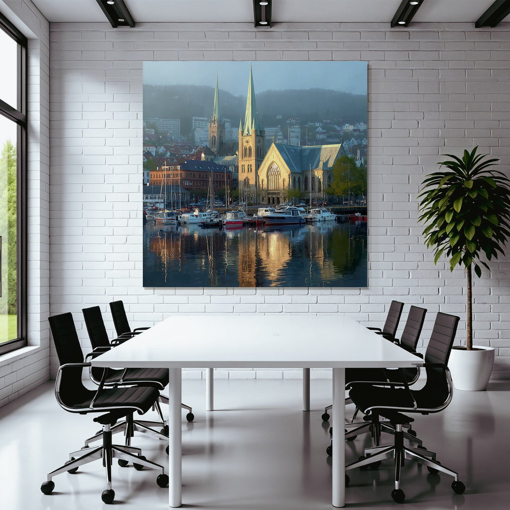 Friedlicher Wasserfront Haus Mit Spitzen Boote Reflexionen Berglandschaft