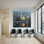 Friedlicher Wasserfront Haus Mit Spitzen Boote Reflexionen Berglandschaft