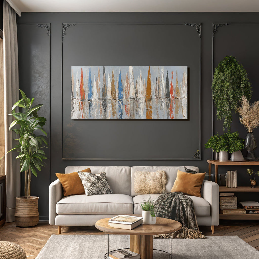 Abstraktes Gemälde Mit Segelbooten Rot Blau Orange Grau Beige