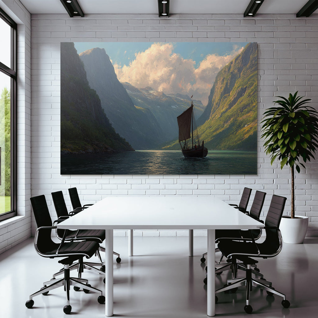 Fjordlandschaft Mit Schiff In Grünen Bergen Und Wolken