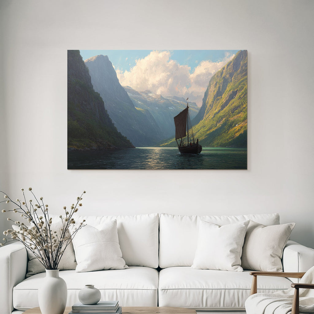 Fjordlandschaft Mit Schiff In Grünen Bergen Und Wolken