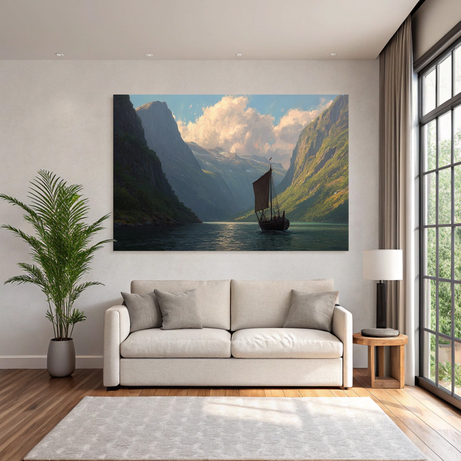 Fjordlandschaft Mit Schiff In Grünen Bergen Und Wolken